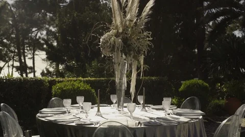Dinner Tables Setup For Wedding Stock Footage 87145765