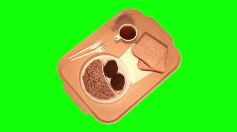 Dinner on tray –2 beef chops, buckwheat, bread, tea, top shot Stock Footage 47619445