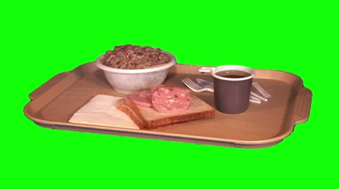 Dinner on tray – buckwheat, bread, sausage, tea, napkins, throwaway things Stock Footage 47537320