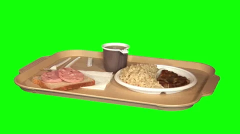 Dinner on tray – rice and steak, bread, sausage, tea Stock Footage 47562522
