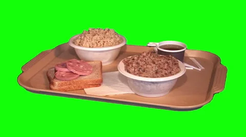 Dinner on tray – rice, buckwheat, bread, sausage, tea Stock Footage 47538673