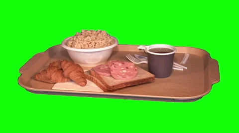 Dinner on tray – rice with vegetables, bread, sausage, tea, croissants Video stock 47537577