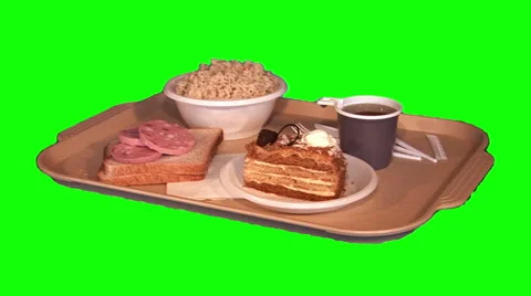 Dinner on tray – rice with vegetables, bread, sausage, tea, piece of cake Stock Footage 47538038
