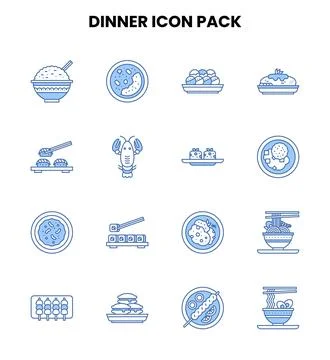 Dinner Two Color Blue Set Icons Pack Stock Illustration