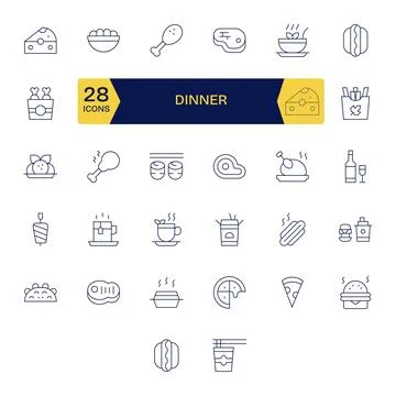Dinner Vector Icon Set with 32 Thin Line 256x256 Detail Enhanced Graphics Stock Illustration
