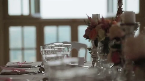 Dinnerware arrangement of festive table for wedding reception closeup rack focus Stock Footage 70683980