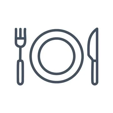 Dinnerware icon. Outline icon of a plate, fork, and knife. Represents dinin.. Stock Illustration