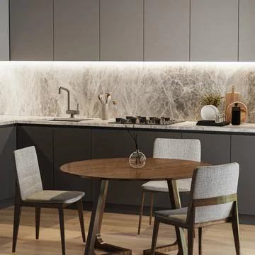 Dinning area with table in kitchen interior, 3d rendering Dinning area wit... Stock Photos