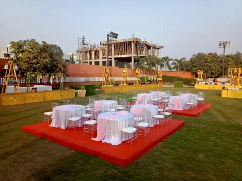 Dinning table and char are arrange in wedding event Stock Photos