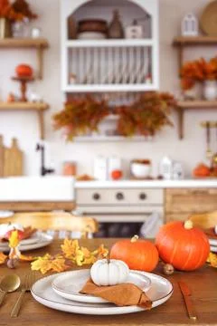 Dinning table setting for fall dinner, with pumpkins, leaves, and candle on.. Stock Photos