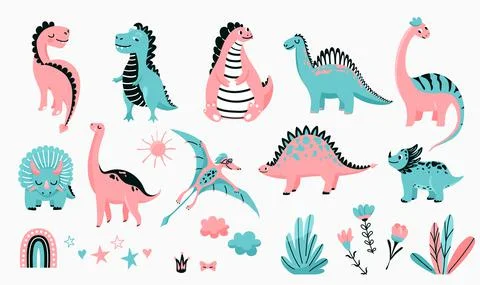 Dino cute vector illustration set with animal baby dinosaurs and design elements Stock Illustration