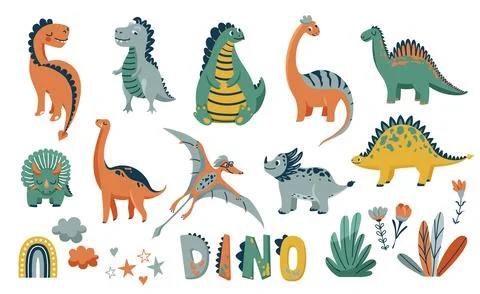 Dino cute vector illustration set with animal baby dinosaurs and design elements 스톡 일러스트