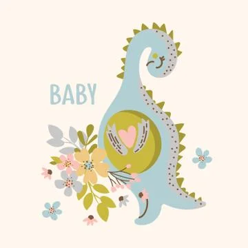 DINO WITH FLOWERS Hand Drawn Vector Illustration Apparel Set Illustrazione stock