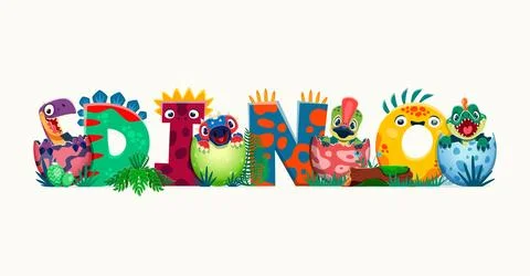 Dino kids in egg shell funny cartoon typography Stock Illustration
