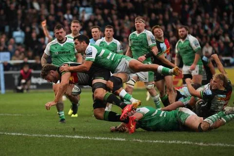  Dino Lamb of Harlequins scores a try during the Gallagher Premiership Rug... Stock Photos