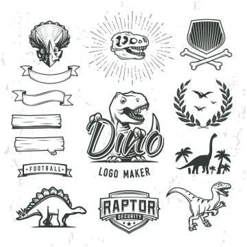Dino logo maker set. Dinosaur logotype creator. Vector T-rex banner template 库存插图