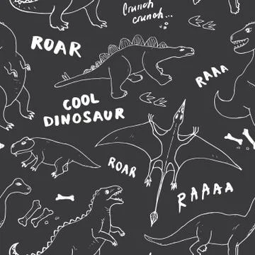 Dino Seamless Pattern, Cute Cartoon Hand Drawn Dinosaurs Doodles Vector Illus Stock Illustration