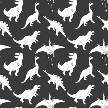 Dino Seamless Pattern, Cute Cartoon Hand Drawn Dinosaurs Doodles Vector Illus Illustrazione stock