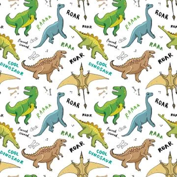 Dino Seamless Pattern, Cute Cartoon Hand Drawn Dinosaurs Doodles Vector Illus Stock Illustration