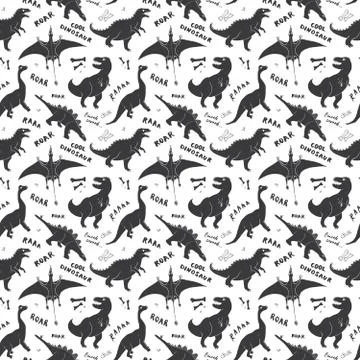Dino Seamless Pattern, Cute Cartoon Hand Drawn Dinosaurs Doodles Vector Illus Stock Illustration