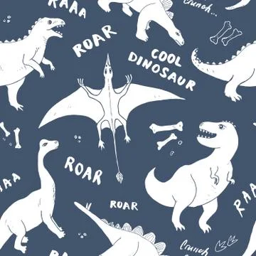 Dino Seamless Pattern, Cute Cartoon Hand Drawn Dinosaurs Doodles Vector Illus Stock Illustration