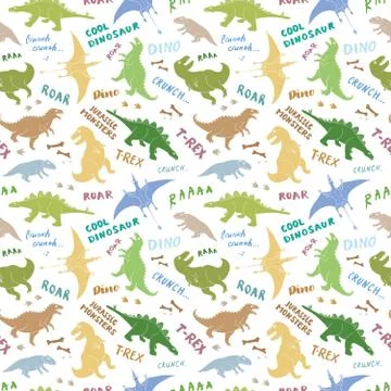 Dino Seamless Pattern, Cute Cartoon Hand Drawn Dinosaurs Doodles Vector Illus Stock Illustration