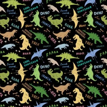 Dino Seamless Pattern, Cute Cartoon Hand Drawn Dinosaurs Doodles Vector Illus Stock Illustration
