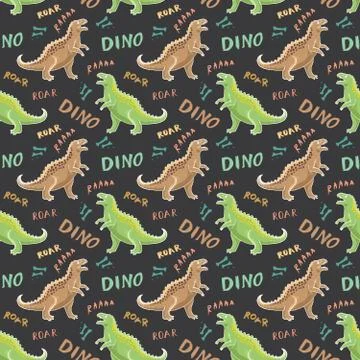 Dino Seamless Pattern, Cute Cartoon Hand Drawn Dinosaurs Doodles Vector Illus Stock Illustration