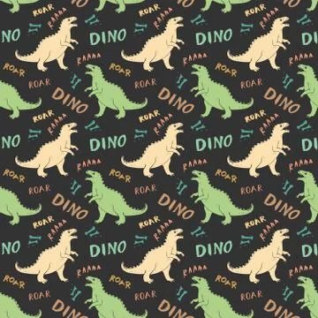 Dino Seamless Pattern, Cute Cartoon Hand Drawn Dinosaurs Doodles Vector Illus Stock Illustration