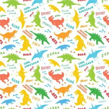 Dino Seamless Pattern, Cute Cartoon Hand Drawn Dinosaurs Doodles Vector Illus Stock Illustration