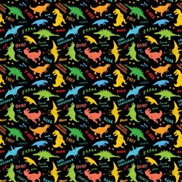 Dino Seamless Pattern, Cute Cartoon Hand Drawn Dinosaurs Doodles Vector Illus Stock Illustration