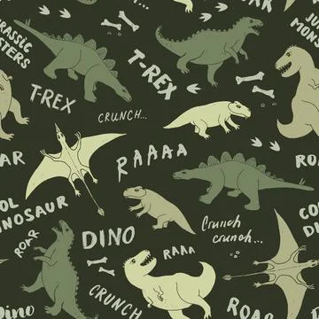 Dino Seamless Pattern, Cute Cartoon Dinosaurs Doodles Vector Illustration Stock Illustration