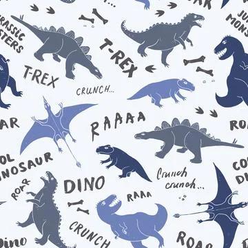 Dino Seamless Pattern, Cute Cartoon Dinosaurs Doodles Vector Illustration Stock Illustration