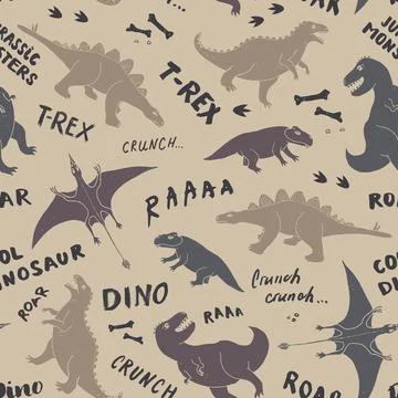 Dino Seamless Pattern, Cute Cartoon Dinosaurs Doodles Vector Illustration Stock Illustration