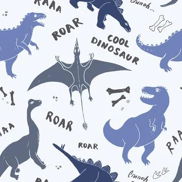 Dino Seamless Pattern, Cute Cartoon Dinosaurs Doodles Vector Illustration Stock Illustration