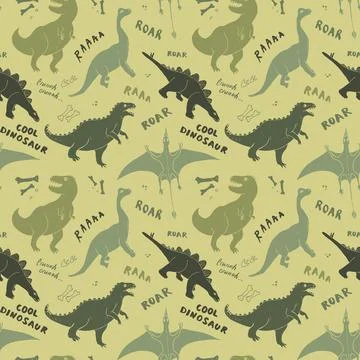 Dino Seamless Pattern, Cute Cartoon Dinosaurs Doodles Vector Illustration Stock Illustration