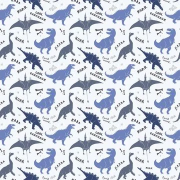 Dino Seamless Pattern, Cute Cartoon Dinosaurs Doodles Vector Illustration Stock Illustration