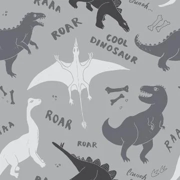 Dino Seamless Pattern, Cute Cartoon Dinosaurs Doodles Vector Illustration Stock Illustration