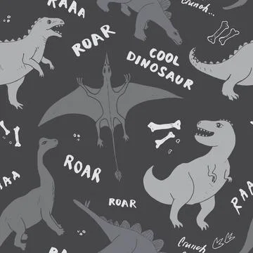 Dino Seamless Pattern, Cute Cartoon Dinosaurs Doodles Vector Illustration Stock Illustration
