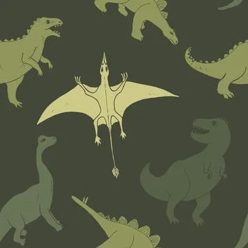 Dino Seamless Pattern, Cute Cartoon Dinosaurs Doodles Vector Illustration Stock Illustration