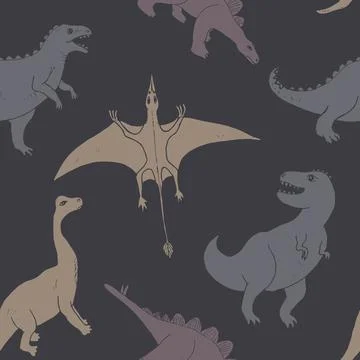 Dino Seamless Pattern, Cute Cartoon Dinosaurs Doodles Vector Illustration Stock Illustration