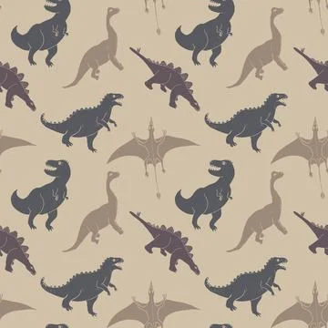 Dino Seamless Pattern, Cute Cartoon Dinosaurs Doodles Vector Illustration Stock Illustration
