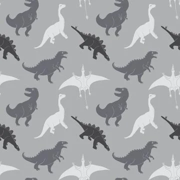 Dino Seamless Pattern, Cute Cartoon Dinosaurs Doodles Vector Illustration Stock Illustration