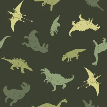 Dino Seamless Pattern, Cute Cartoon Dinosaurs Doodles Vector Illustration Stock Illustration