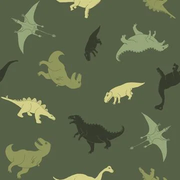 Dino Seamless Pattern, Cute Cartoon Dinosaurs Doodles Vector Illustration Stock Illustration