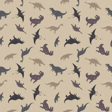 Dino Seamless Pattern, Cute Cartoon Dinosaurs Doodles Vector Illustration Stock Illustration