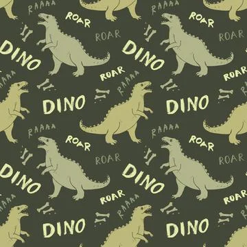 Dino Seamless Pattern, Cute Cartoon Dinosaurs Doodles Vector Illustration Stock Illustration