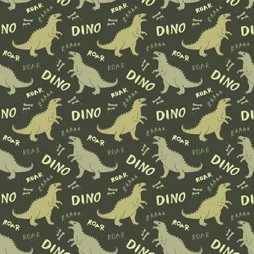 Dino Seamless Pattern, Cute Cartoon Dinosaurs Doodles Vector Illustration Stock Illustration