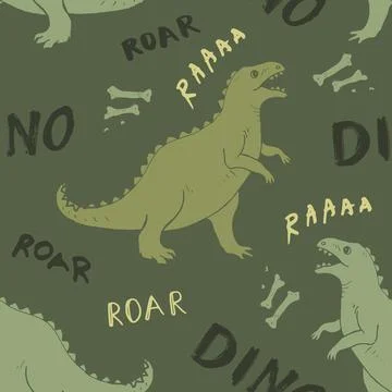 Dino Seamless Pattern, Cute Cartoon Dinosaurs Doodles Vector Illustration Stock Illustration