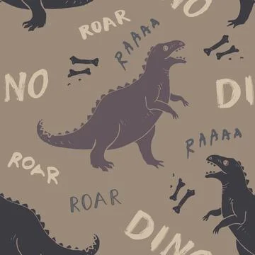 Dino Seamless Pattern, Cute Cartoon Dinosaurs Doodles Vector Illustration Stock Illustration